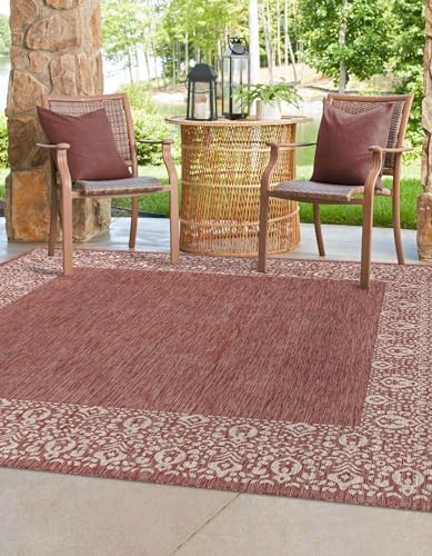 Unique Loom Outdoor Border Collection Area Rug - Floral Border (10' 8" Square Rust Red/Ivory) - Image 4
