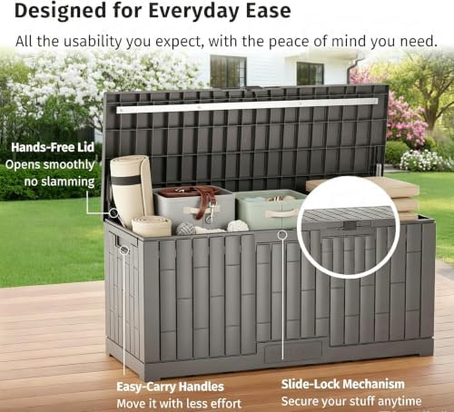 LAUSAINT HOME 120 Gallon Resin Deck Box, Package Delivery Box with Lockable Lid, Waterproof Outdoor Storage Box For Garden Tools, Patio Cushions(120 Gallon,Grey) - Image 6