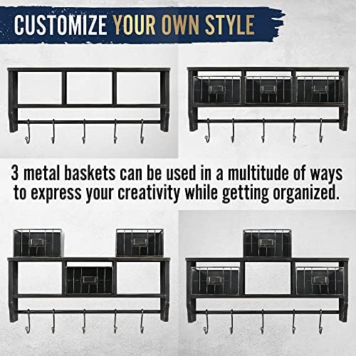 HBCY Creations Wall Mounted Shelf with Coat Hooks and Baskets, Solid Wood Entryway Organizer Wall Shelf with Hooks - Hang Coats, Keys or Coffee Mugs, Rustic Blackwash 24" Wide - Image 3