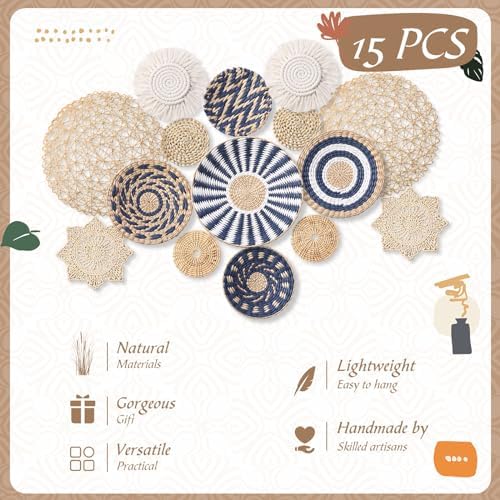 15 Pcs Boho Wall Basket Decor Woven Rattan Seagrass Wall Decor Hanging Rustic Farmhouse Western Art Decoration for Nursery Living Room Bedroom Home Kitchen(Blue Style) - Image 3