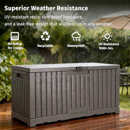 EAST OAK 120 Gallon Outdoor Storage Box | Large Resin Deck Box with Reinforced Stainless Steel Support | Waterproof & UV-Resistant Patio Storage Box for Cushions, Garden Tools & Accessories, Grey - Image 6
