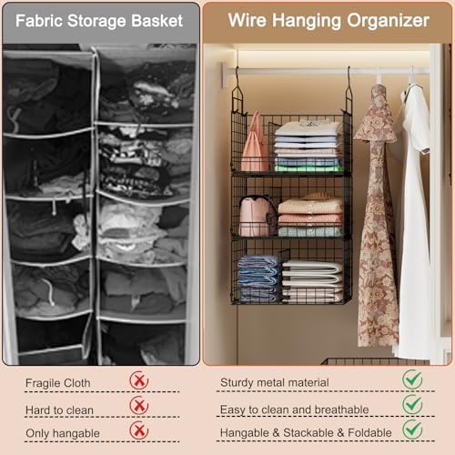 Sonyabecca 3-Tier Extra Large Closet Hanging Organizer with Dividers, Clothes Hanging Shelves with 2 Hanging Hooks & 5 S-Hooks, Wire Storage Baskets for Sweaters, Shoes, Handbags & Accessories - Image 6