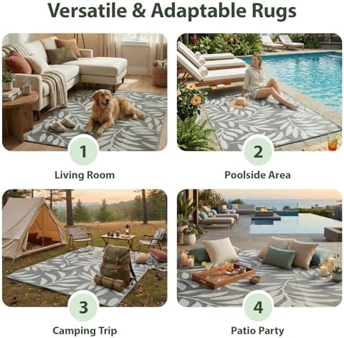 wikiwiki 8x10ft Outdoor Rug, Reversible Plastic Patio Rug Waterproof, Indoor Outdoor Carpet Clearance, Large Area Carpet for Patio Deck Balcony Pool RV Camping Beach Picnic, Grey Big Leaves - Image 6