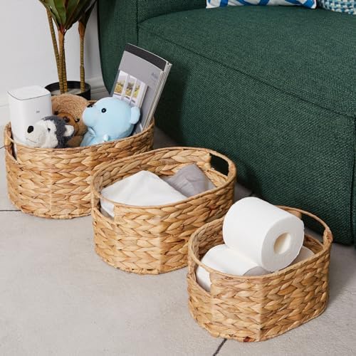 Vagusicc Wicker Basket, 3-Pack Hand-Woven Water Hyacinth Wicker Storage Basket with Handles, Large Woven Storage Baskets for Shelves, Round Storage Baskets for Organizing & Decor - Image 6