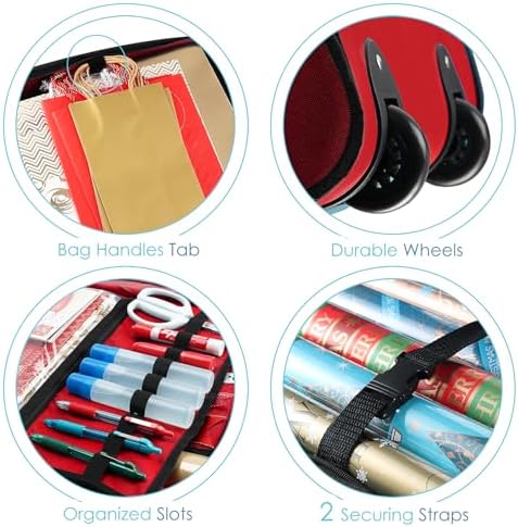 Hearth & Harbor Wrapping Paper Storage Container with Ribbon Dispenser and Interior Pockets - Large Christmas Storage Containers with Wheels, Fits 30 Rolls of 40" Length, Red - Image 5