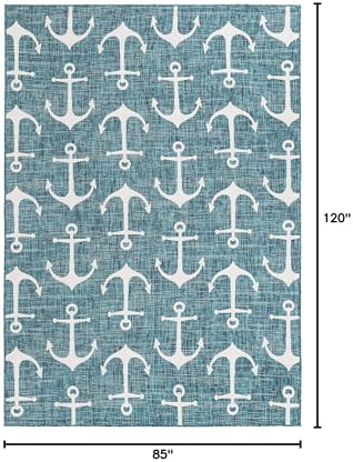 Unique Loom Outdoor Coastal Collection Area Rug - Ahoy (7' 1" x 10' Rectangle, Teal/ Ivory) - Image 2