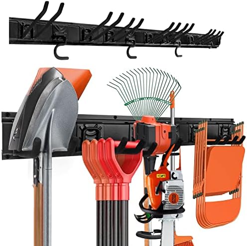 Garden Tool Rack Set, Garage Wall Organization Hanger with 3 Mop Holder and 6 Multi-Purpose Hooks, Garden Yard Shovels Rakes for String Hedge Trimmer Brooms Hoses Folding Chairs ladders, and More by SMARTOLOGY