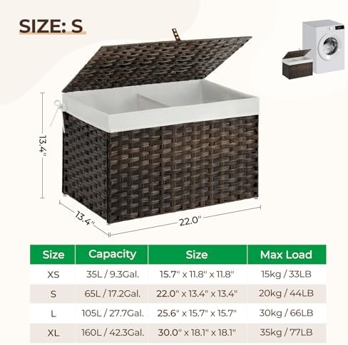 GREENSTELL Storage Basket with Lid, 17.2 Gallon(65L) Small Wicker Blanket Storage Basket with Handles, Foldable, 2 Removable Liner Bags, Metal Frame, for Bedroom, Laundry Room, Brown,22.2"*13.4"*13.4" - Image 5