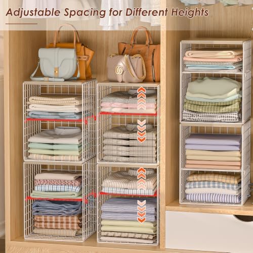 Hencawima 4 Pack Stackable Closet Organizers and Storage, Clothing Storage Shelves with Adjustable Dividers & Wood Top, Space-Saving Closet Organizer System, White - Image 5