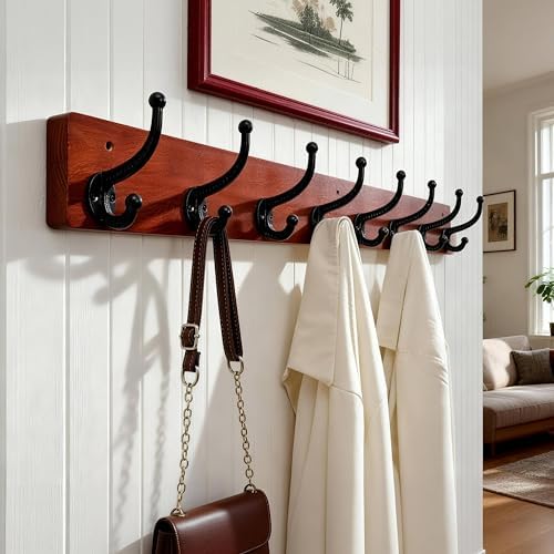 WEBI Rustic Coat Rack Wall Mount,35.43" Long 8 Cast Iron Coat Hooks Wall Mounted,Heavy Duty Wood Wall Coat Hanger Hooks for Hanging Coats,Jacket,Clothes,Backpack,Farmhouse,Cherry,2 Packs - Image 2