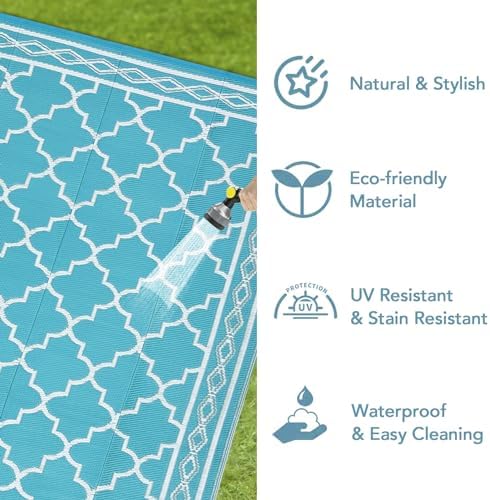 Outdoor Rug 9x12 Reversible Patio Rugs Outdoor Plastic Straw Rug Moroccan Trellis Washable Rugs Waterproof for Deck RV Outside Carpet for Patio Backyard Picnic Camp Beach Balcony Blue White - Image 7