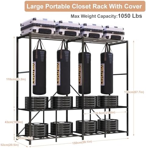 Umeiga Heavy Duty Portable Closet with Cover 1200Ibs Foldable Covered Clothes Rack for Hanging Armoire Wardrobe Closet System Freestanding Coat Storage Garment Racks 60" W x 71" H x 20" D - Image 5