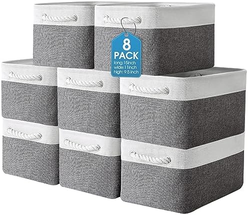 meekoo 8 Pack Fabric Storage Bins Baskets, 15 x 11 x 9.5 in, Gray White by meekoo