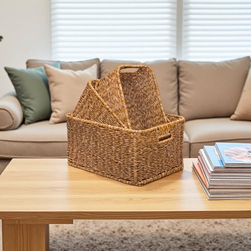 GIB Woven Storage Baskets for Organizing, Plastic Wicker Storage Baskets for Shelves, Waterproof Rectangular Storage Bins Organizers for Closet Pantry Table, Set of 3, Brown - Image 5