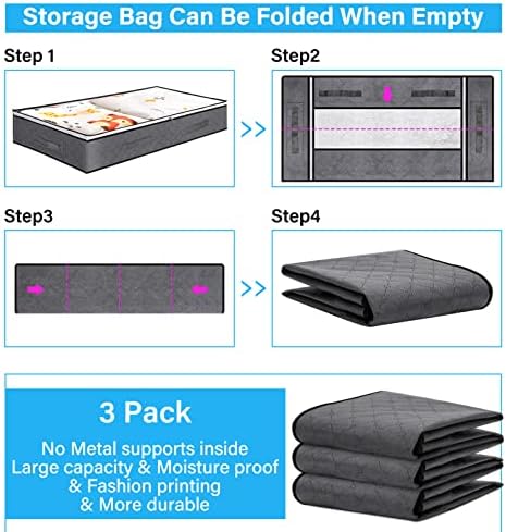 Under The Bed Storage Containers, 3 Pack Large Capacity Underbed Storage Bags Organizer, Collapsible Storage Bins with Clear Window for Blanket, Bedding, Comforter, Clothes Bedroom Storage Bags Gray - Image 5