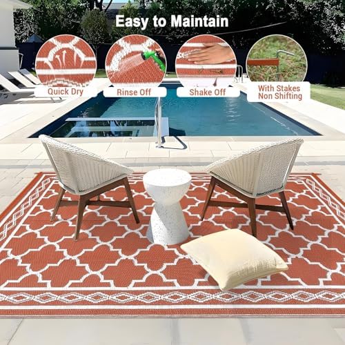 Outdoor Plastic Straw Rug 10x14 Large Patio Rug Vintage Trellis Floor Mat Waterproof Rugs for Patio Reversible Outdoor Rugs for RV Beach Porch Camping Backyard Deck Picnic, Orange - Image 3