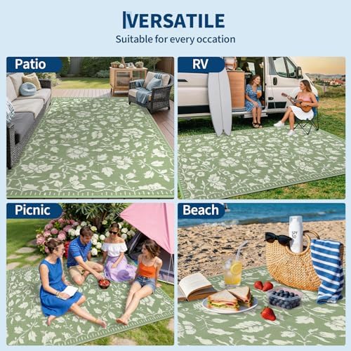 Garvee Floral Outdoor Rug 9x12 Patio Waterproof Plastic Straw Rug, Green - Image 7