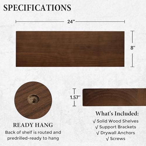 Axeman Floating Shelves, 2 Pack 8 Inch Deep Rustic Solid Wood Wall Shelves for Storage, Wall Mounted Display Shelving with Invisible Heavy-Duty Metal Bracket, 24" W x 8" D x 1.57" H, Walnut Finish - Image 3