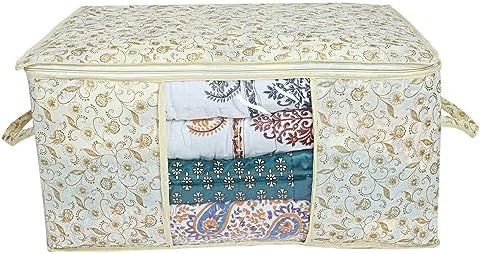 Kuber Industries Foldable Underbed Storage Bag|Organizer For Clothes Large|Non-Woven Comforter, Blanket Cover|Metalic Print & Side Handle|Pack of 12 (Brown & Cream) - Image 3