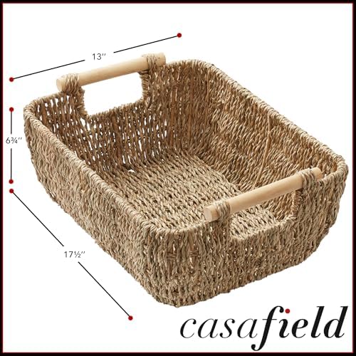 Casafield Set of 2 Seagrass Oval Storage Baskets with Wooden Handles - Large, Woven Bin Organizers - Image 4