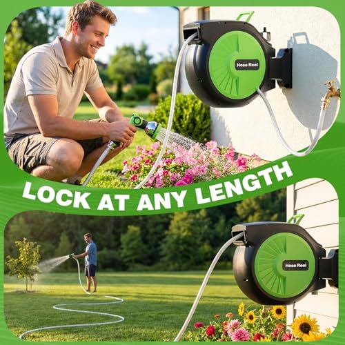 Retractable Garden Hose Reel 66FT x 1/2 in, Wall Mount Water Hose Reel for Outside with Auto Rewind, Tangle-Free Guide, 180° Swivel Bracket, Lock at Any Length, High-Pressure Flow, 10-Pattern Nozzle - Image 7