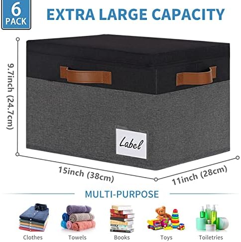 GhvyenntteS Storage Bins with Lids 6 Pack, Large Storage Baskets with Lid and 3 Handles, Foldable Fabric Storage Boxes with Lid and Label for Home Office (Grey&Black, 15" x 11" x 9.7") - Image 3