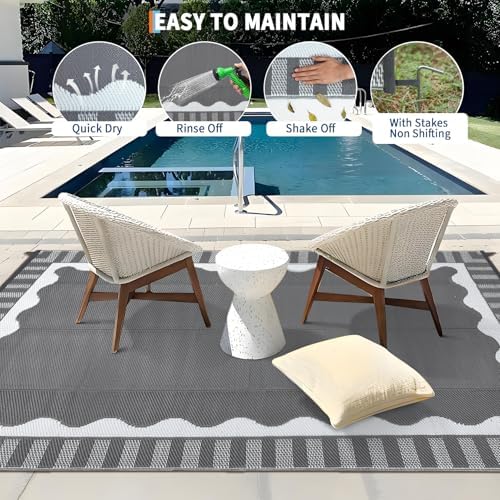 Garvee Large Scalloped Outdoor Rug 9x18 Patio Rugs Outdoor Waterproof,Grey - Image 4