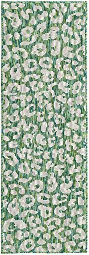 Unique Loom Outdoor Safari Collection Area Rug - Leopard (2' x 6' 1" Runner, Green Blue/ Ivory) - Image 3