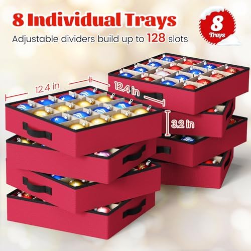 StorageRight Christmas Ornament Storage Box - Ultra Large Drawer Ornament Organizer with 8 Separate Trays & Adjustable Dividers, Portable Ornaments Box with Cover & Handle for Holiday Decorations(Red) - Image 2
