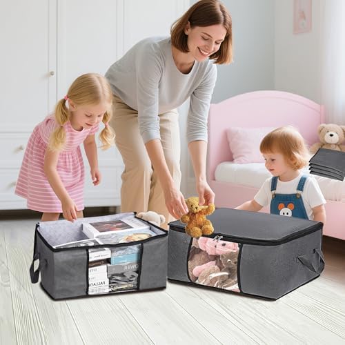 BiCINE 8 Pack Clothes Storage Bags with Zipper, 45L Foldable Blanket Storage Bag with Clear Window Sturdy Handles for Closet, Dorm, Pillows, Bedding, Sheet, Comforter, Gray - Image 7