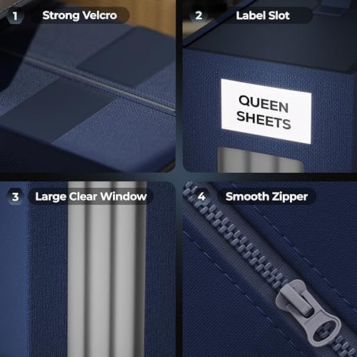 TIMBLE Bed Sheet Organizers & Storage, 10 Pack for King, Queen & Large Sheet Sets, Closet Organizer for Linens, Clothes, Blankets & Bedding, Foldable Fabric Bins with Handle, Name Tag & Window (Navy) - Image 4