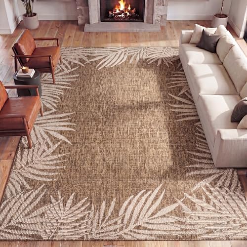 JONATHAN Y Tuscan Sun Polypropylene Indoor Outdoor Area Rug, Brown and Cream Isla Coastal Cottage Palm Frond Border Design, 4' x 6', Durable Low-Pile for Patio or Entryway TSN207H-4 - Image 3