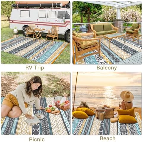 GAOMON Outdoor Plastic Straw Rug, 10'x14' Reversible Sage Green Patio Mat, Flower Modern Design for RV, Backyard, Deck, Camping, Picnic, Teal/Yellow(Bohemia) - Image 3