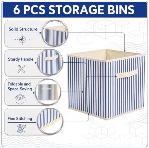 Amyhill 6 Pack Blue Striped Basics Collapsible Fabric Storage Bins - Image 3