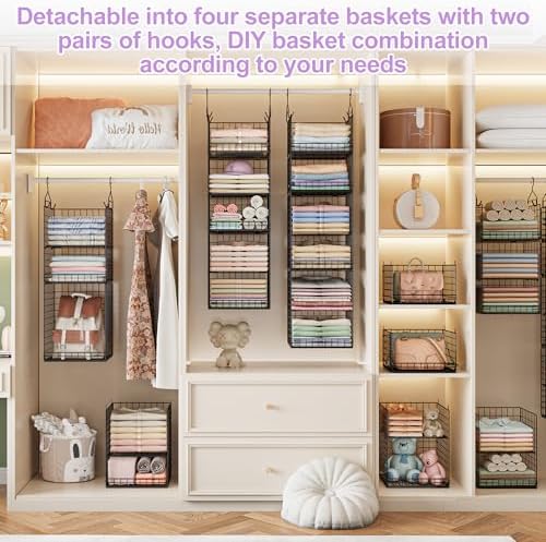 6 Tier Hanging Closet Organizers and Storage Stackable Hanging Closet Shelves with 4 Hooks 2 Adjustable Dividers, Wire Storage Basket Bins for Clothing Purse Sweaters Shoes Socks Dolls, Foldable - Image 5