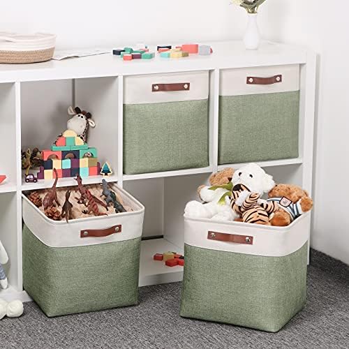 Temary Cube Storage Baskets for Shelves 4pack Fabric Storage Basket for Organizing Clothes, 13 Inch Storage Cubes with Leather Handles, Closet Baskets (White&Green) - Image 6