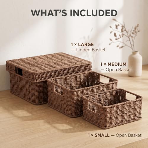 Wicker Storage Basket with Lid for Shelves, 3-Basket Set, Dark Brown - Image 4