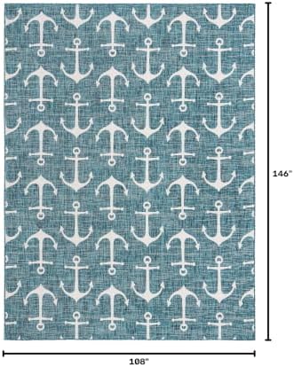 Unique Loom Outdoor Coastal Collection Area Rug - Ahoy (9'x 12' 2" Rectangle, Teal/ Ivory) - Image 2