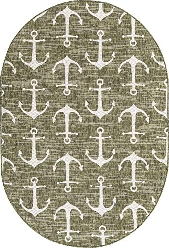 Unique Loom Outdoor Coastal Collection Area Rug - Ahoy (5' 3" x 7' 10" Oval, Green/ Ivory) - Image 3