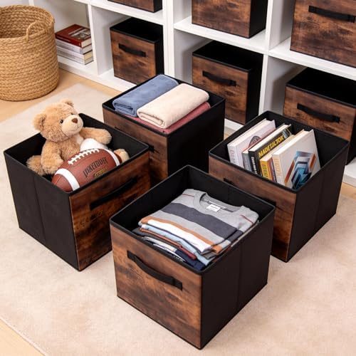 13 Inch Fabric Storage Cubes, 8 Pack Foldable Storage Bins with Handle, Fabric Cube Box for Shelves, Closet, Bedroom, Living Room, Organizer, Rustic Brown and Ink Black - Image 6