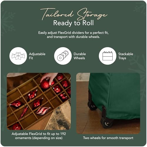 Covermates Keepsakes Rolling Adjustable Ornament Storage Bag – Heavy-Duty Polyester, FlexGrid Trays & Padded Dividers – Protective Holiday Organizer with Wheels, Handles & ID Window, Green - Image 5