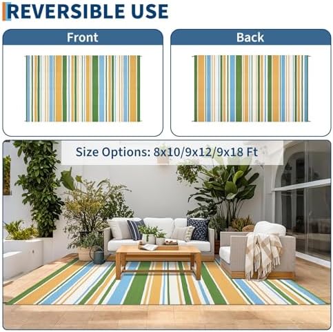 GAOMON Geometric Striped 8x10 Outdoor Rug Waterproof Colorful Reversible Plastic Straw Carpet UV-Resistant Portable Modern Camping Outdoor Rugs for RV Deck Trailer Beach, Yellow Blue Green White - Image 5