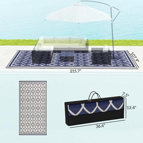 Outsunny Outdoor Rug for Patio Waterproof 9' x 18' Blue & White Lantern - Image 2