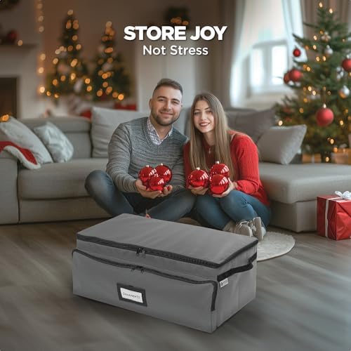 Premium Christmas Ornament Storage Box – Holds up to 72-3” Ornaments + 6 Side Slots for Figurines & Nutcrackers – Holiday Decoration Organizer – Durable 600D Grey Canvas - Image 2