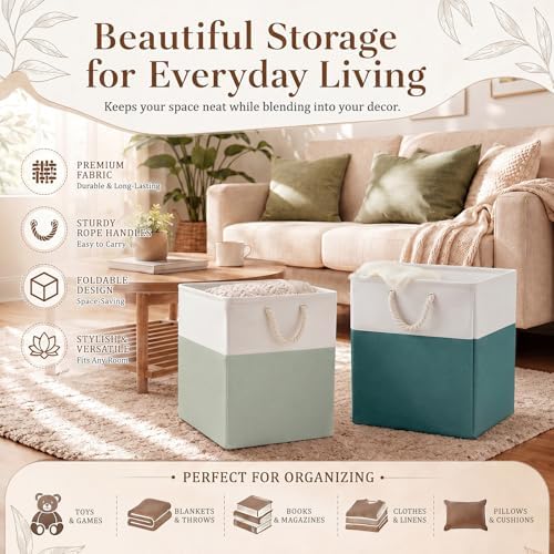 6 Pcs 11 x 11 Inch Light Green Cube Storage Bins Fabric Square Cube Baskets - Image 5