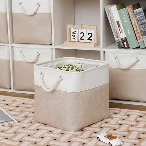 MidmmVick 13 x 13 Inch Cube Storage Bins, 6 Pack Extra Large Collapsible Fabric Storage Bin with Ropes, Foldable Storage Cubes for Home (White & Beige-13"x13"x13") - Image 4