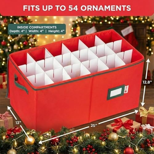Christmas Ornament Storage Container with Dividers - Box Stores Up to 54 Ornaments, Zippered, Convenient, Adjustable, Large Organizer Bin to Protect Holiday Décor, Fits Most Standard Size, Red - Image 3