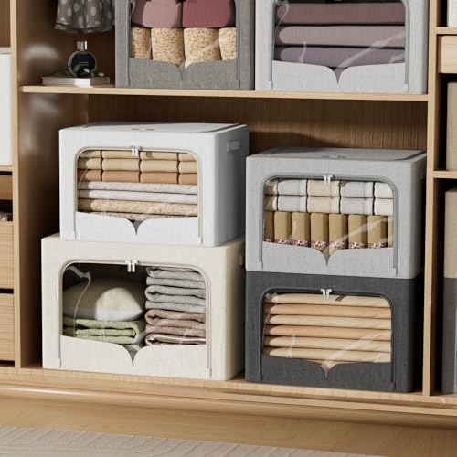 FHSQX 3 Pack Clothes Storage Bins Foldable Metal Frame Storage Box Extra Large Stackable Linen Fabric Organizer Set with Carrying Handles and Clear Window (Light Gray, 23.6x16.5x15.7inch(100L)) - Image 5