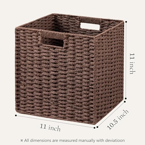 UBBCARE 3 Pack Wicker Basket, 11L×11H×10.5W inch Woven Paper Rope Storage Baskets for Shelves, Foldable Cube Storage bin with Handle, Storage Basket for Organizing & Decor, Brown - Image 2