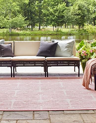 Unique Loom Outdoor Coastal Collection Area Rug - Ahoy (5' 3" Square, Pink/ Ivory) by UniqueLoom